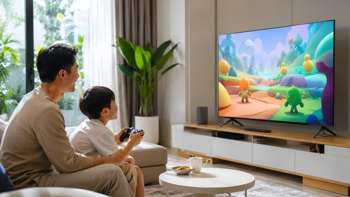 Gia đình chơi game trên tivi Xiaomi bằng tay cầm