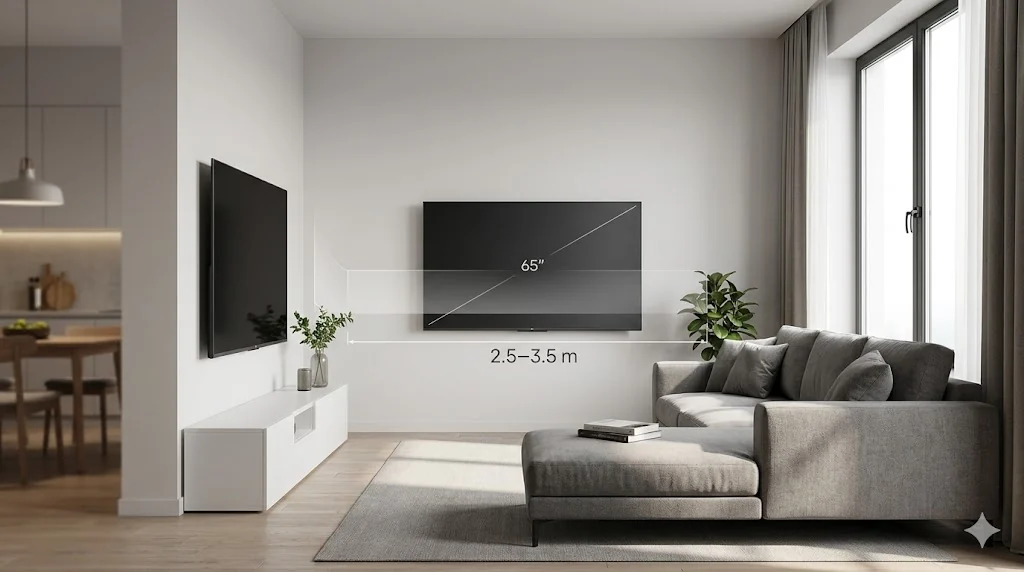 Khoảng cách xem tivi Xiaomi 65 inch trong phòng khách