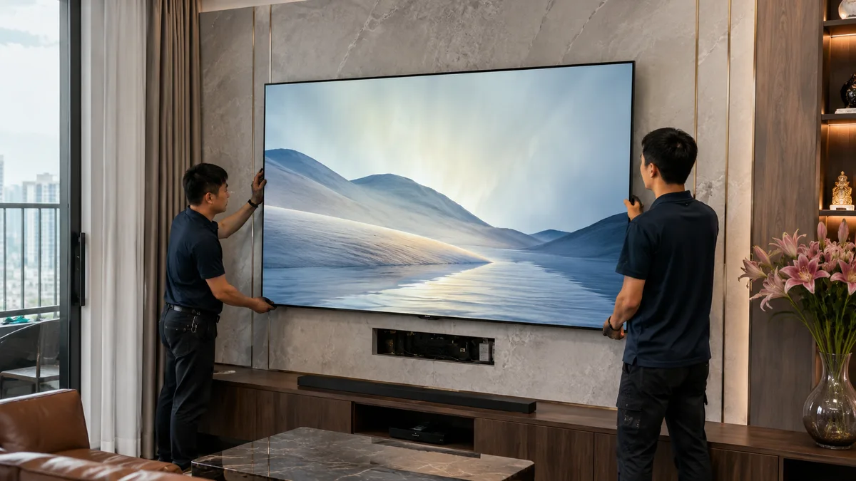 Lắp đặt tivi Xiaomi 85 inch treo tường trong phòng khách