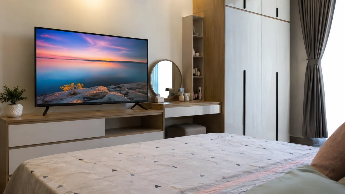 Lắp tivi Xiaomi 43 inch trên tủ kệ phòng ngủ