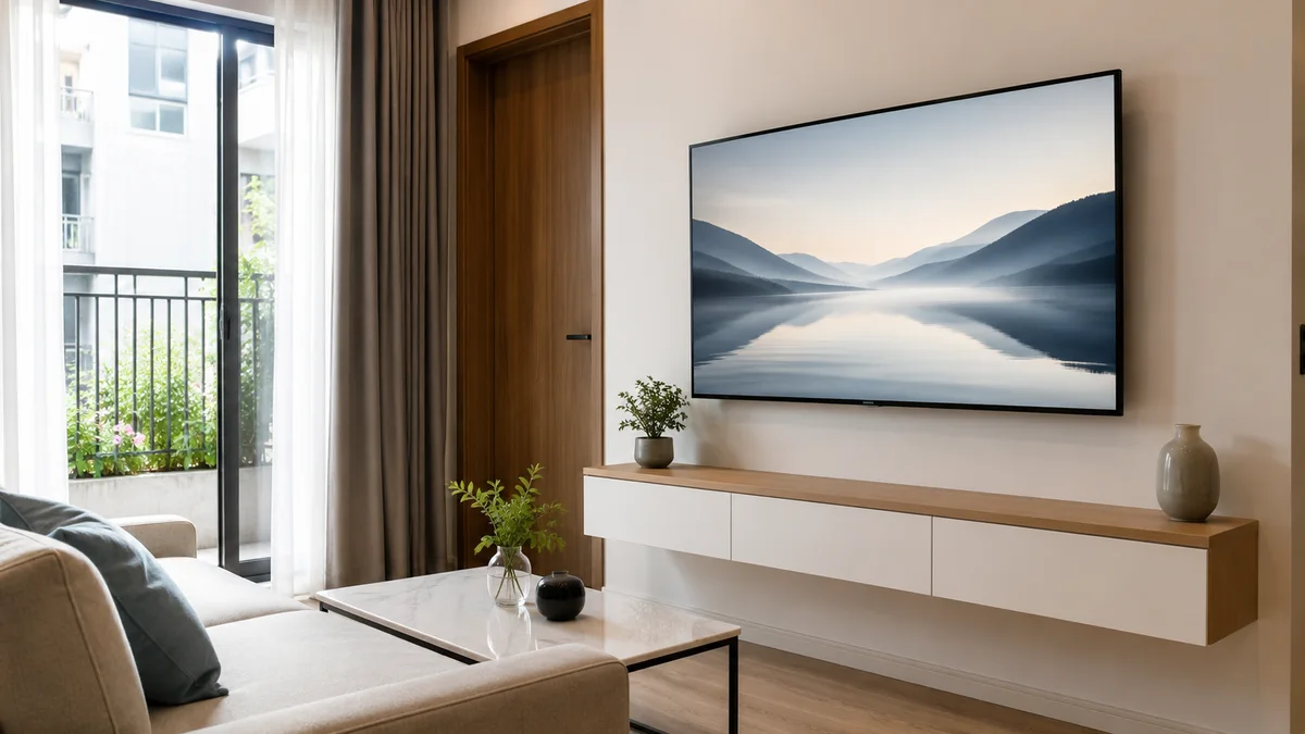 Tivi Xiaomi 50 inch trong phòng khách nhỏ hiện đại