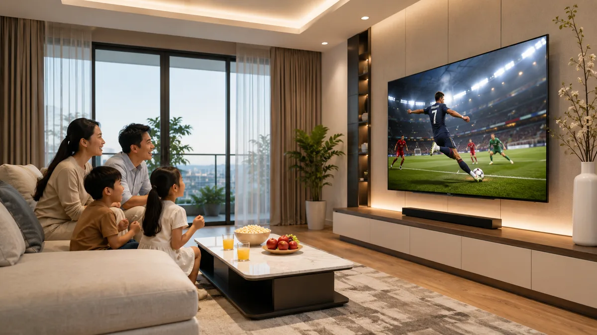 Gia đình xem phim và bóng đá trên tivi Xiaomi 65 inch