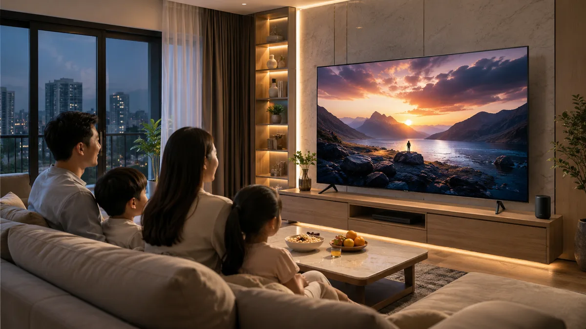Gia đình xem phim và bóng đá trên tivi Xiaomi 65 inch