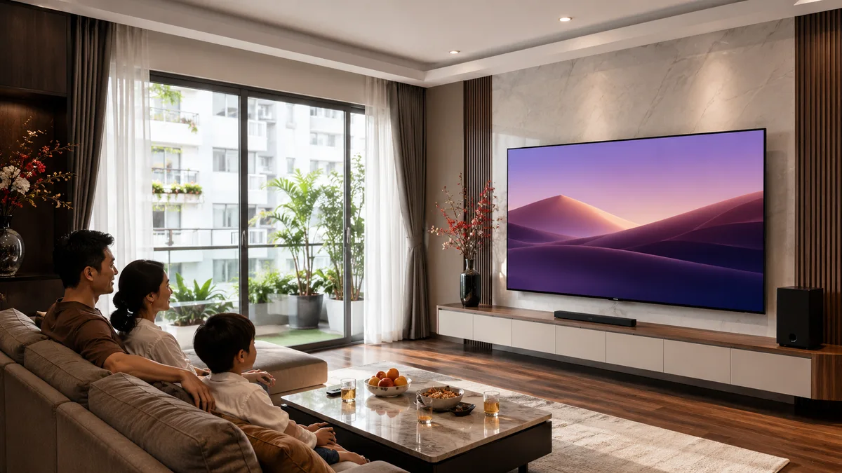 Tivi Xiaomi 75 inch trong phòng khách gia đình với khoảng cách xem hợp lý