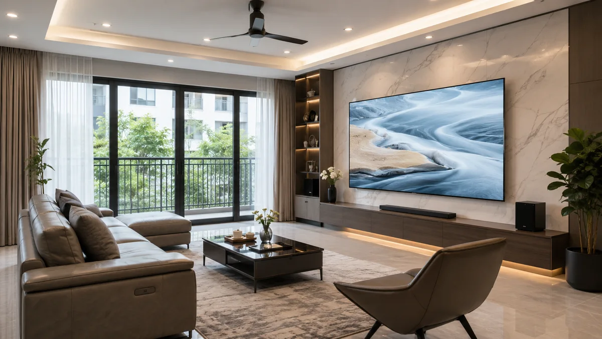 Tivi Xiaomi 85 inch trong phòng khách rộng hiện đại