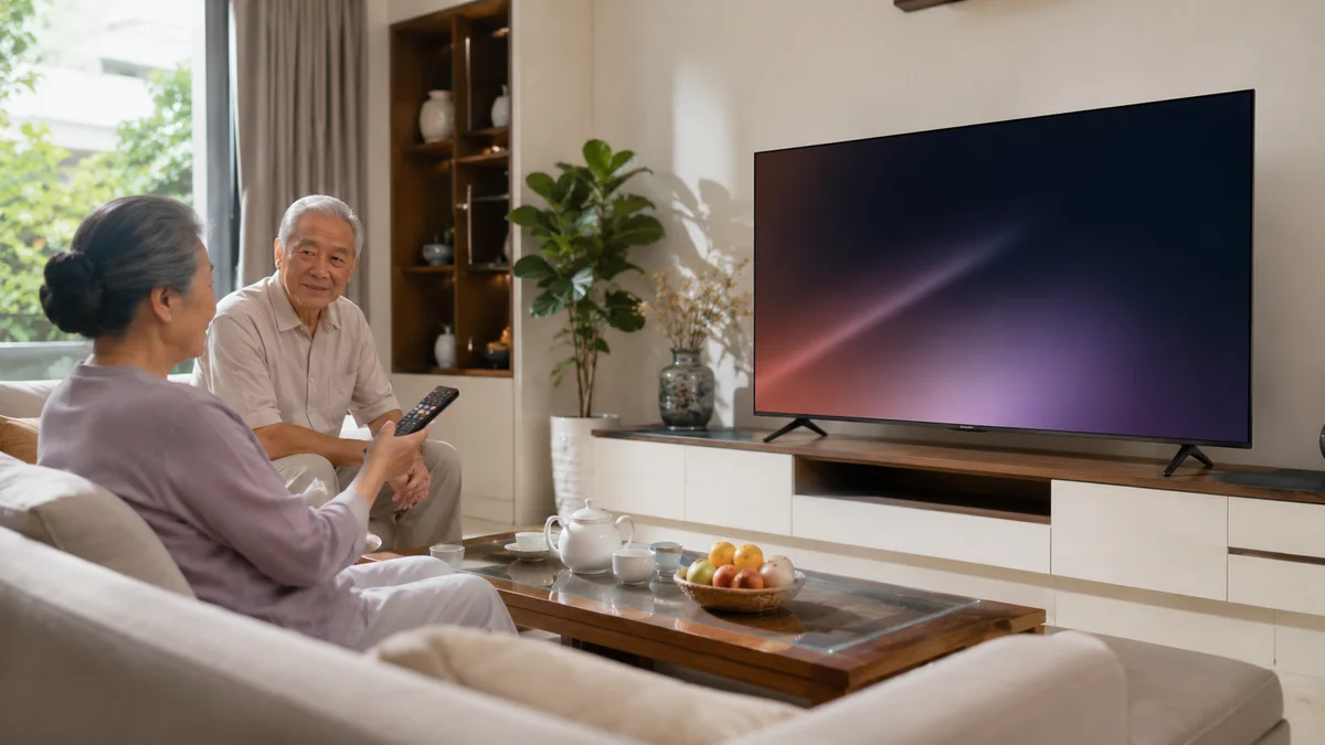 Tivi Xiaomi trong phòng khách gia đình có người lớn tuổi