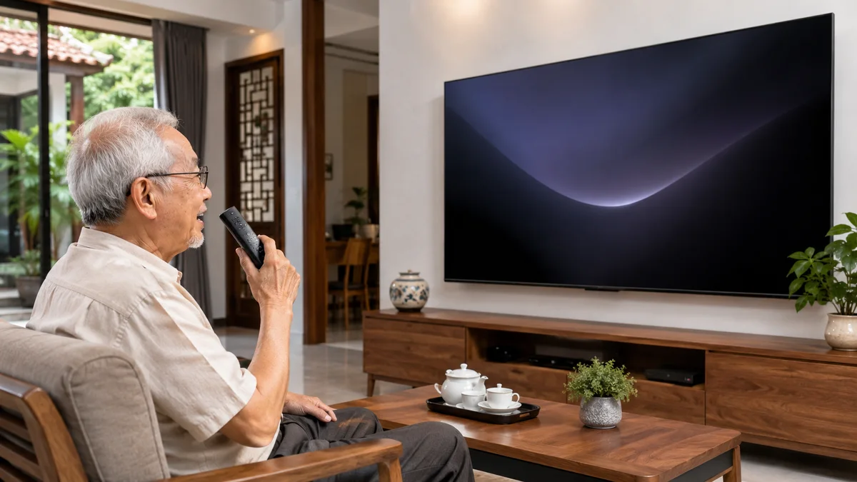 Người lớn tuổi dùng remote giọng nói với tivi Xiaomi