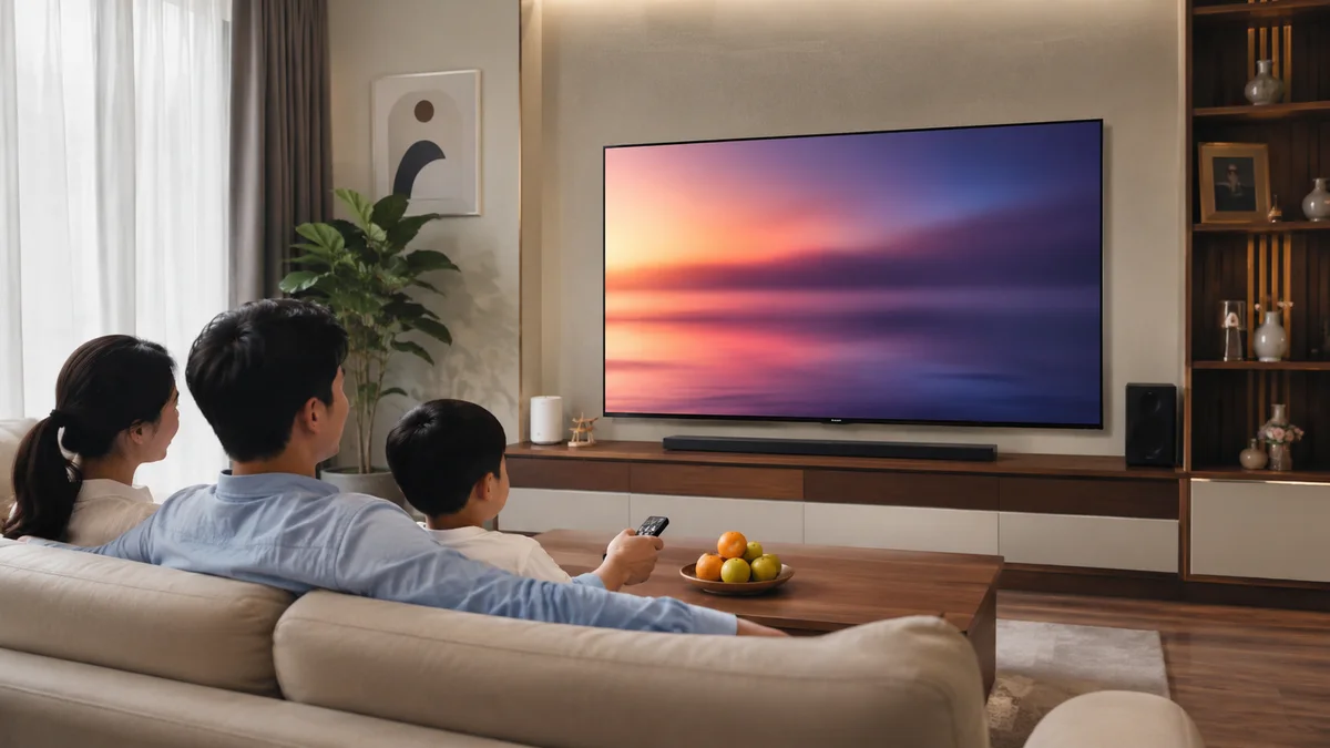 Tivi Xiaomi trong phòng khách gia đình khi xem phim trực tuyến