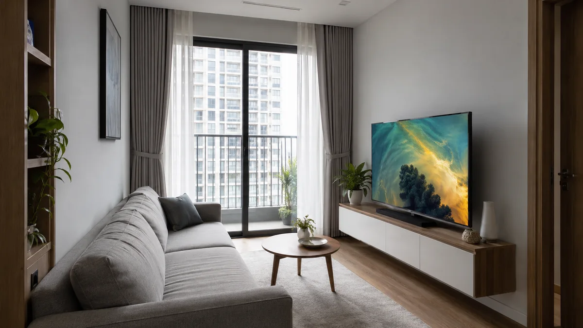 Treo tường tivi Xiaomi 50 inch trong phòng khách nhỏ