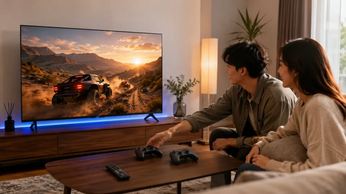 Tivi Xiaomi kết nối tay cầm chơi game trong phòng khách hiện đại