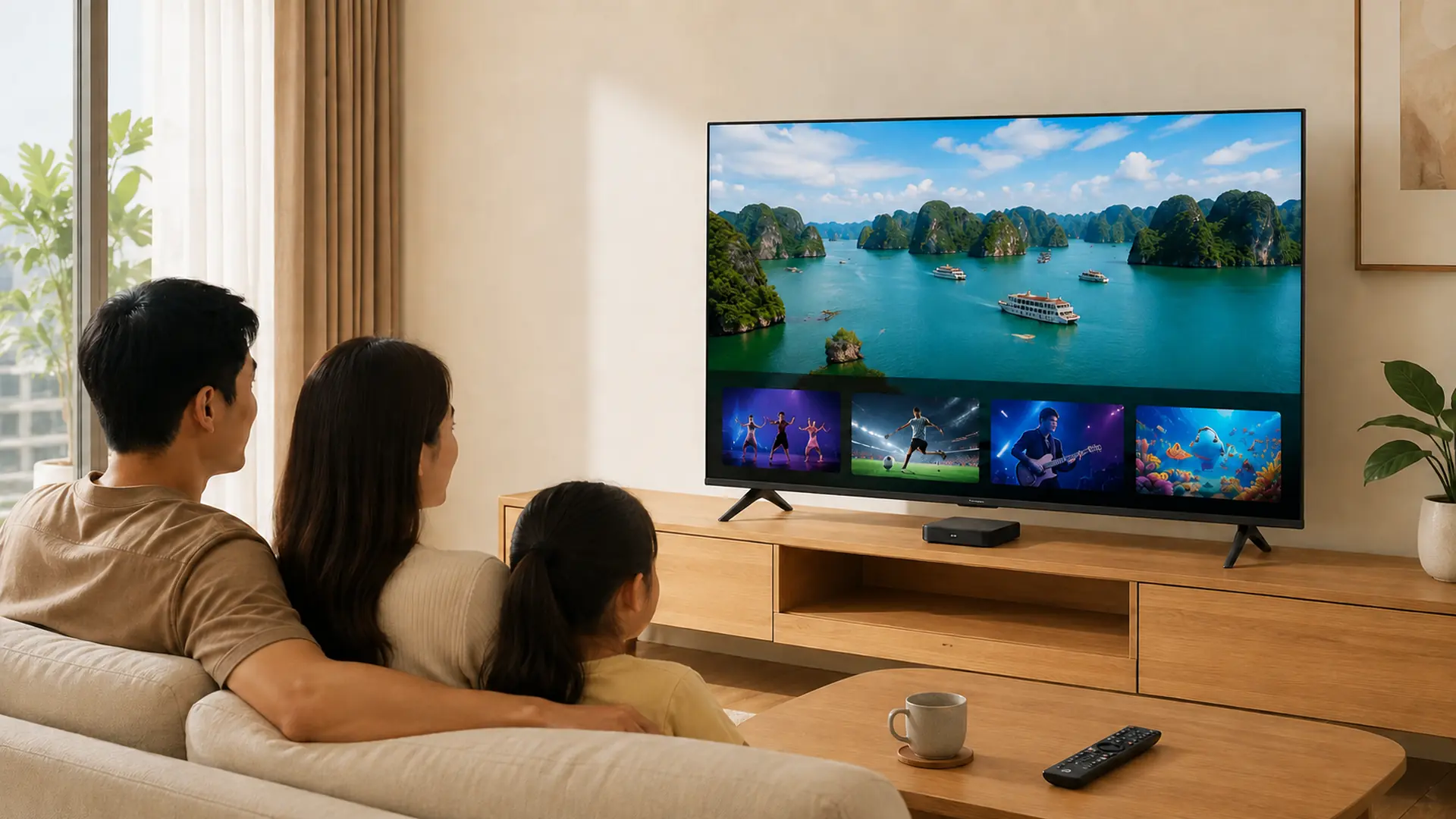 Tivi Xiaomi xem truyền hình cáp trong phòng khách hiện đại