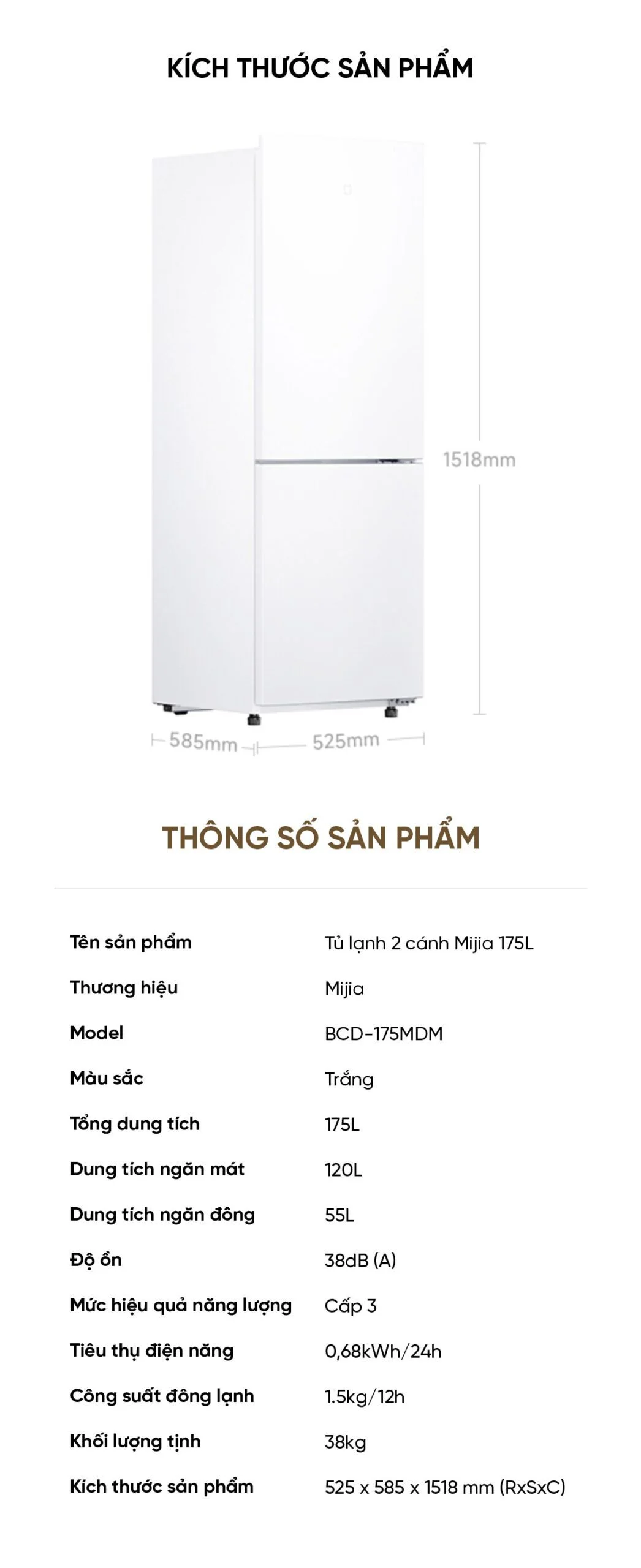 Kích thước tủ lạnh Xiaomi 175L