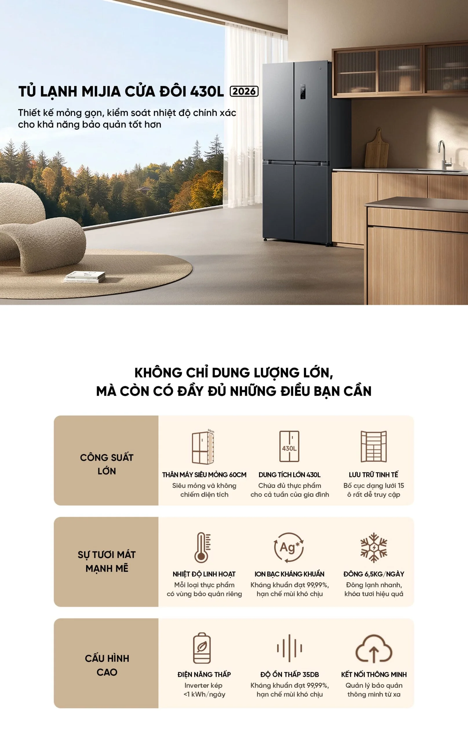 Tủ lạnh Xiaomi Mijia 430L 4 cánh màu sắc hiện đại