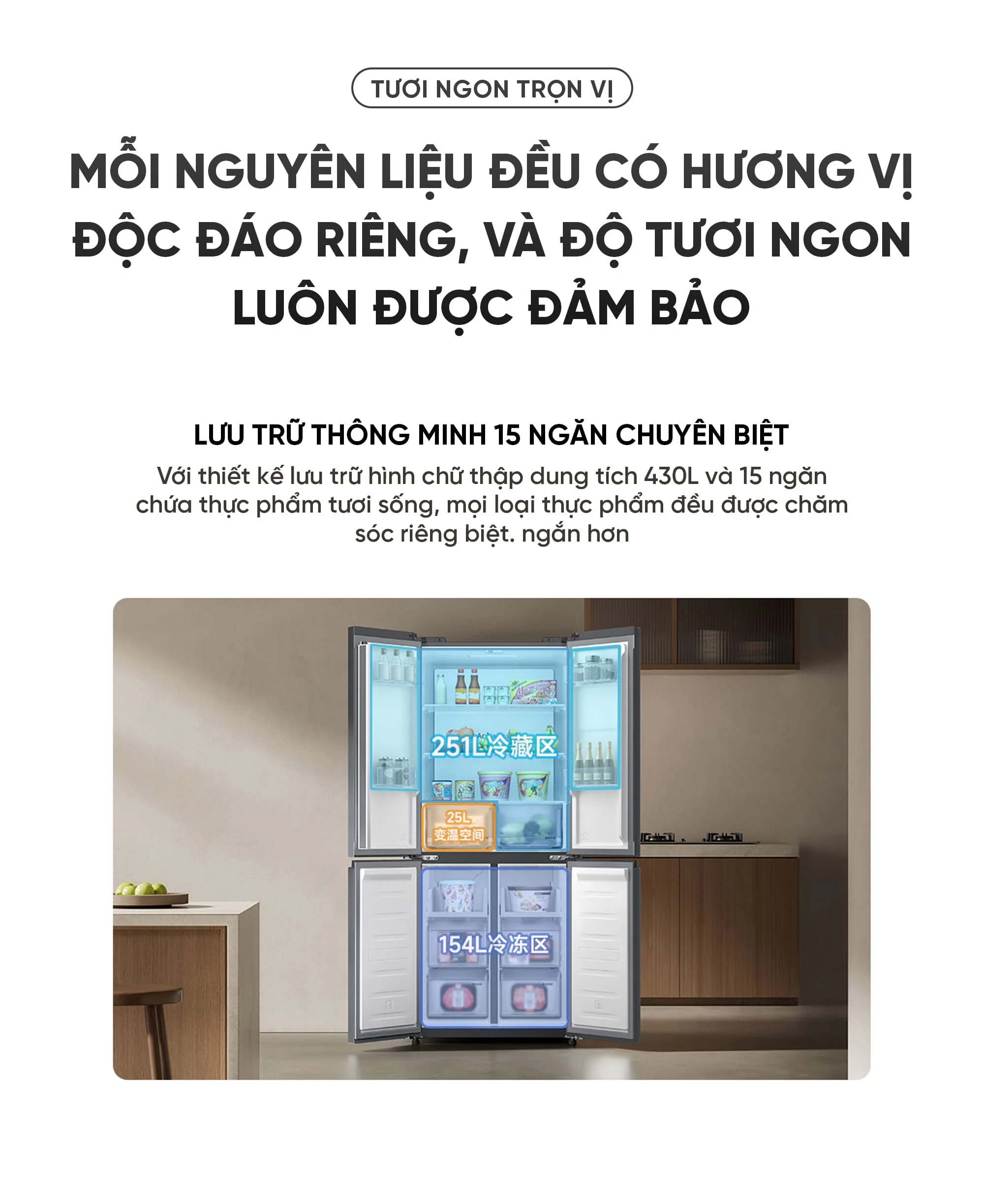 Không gian bảo quản thực phẩm trong tủ lạnh Xiaomi Mijia 430L