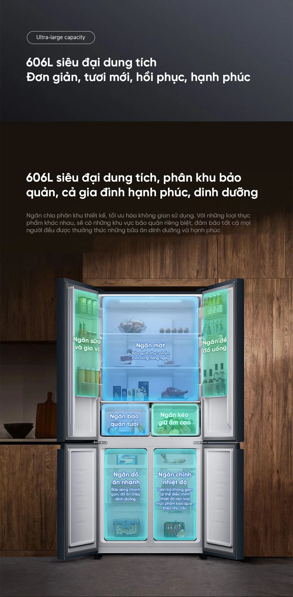 Không gian bảo quản thực phẩm tủ lạnh Xiaomi Mijia 606L